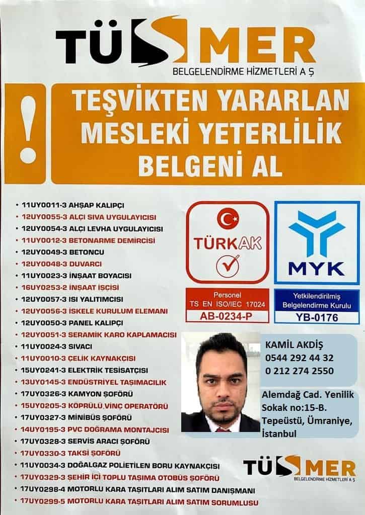 MYK BELGESİ SINAVI PTT Evleri Sarıyer İstanbul